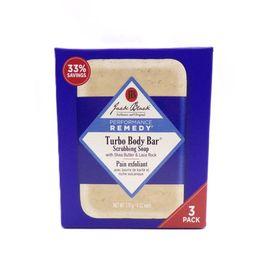Three bars of Jack Black Turbo Body Bar Scrubbing Soap, 6 oz each, in a pack, designed for deep cleansing and exfoliation.