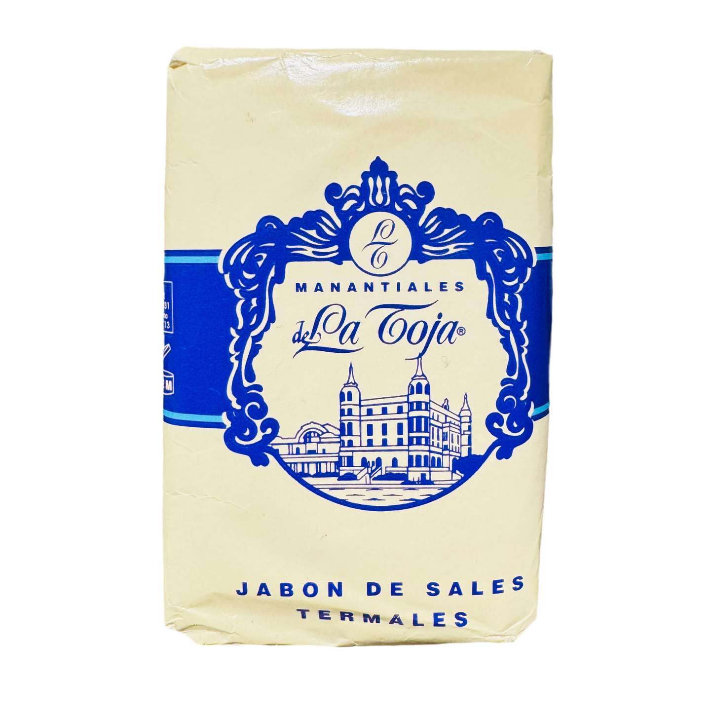Bar soap by La Toja with thermal salt, 125g, featured in a natural setting showing the soap's textured surface and packaging.