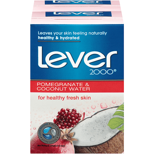 Lever 2000 Pomegranate & Coconut Water Bar Soap in an 8 oz wrapper, featuring fresh fruit imagery and vibrant packaging.