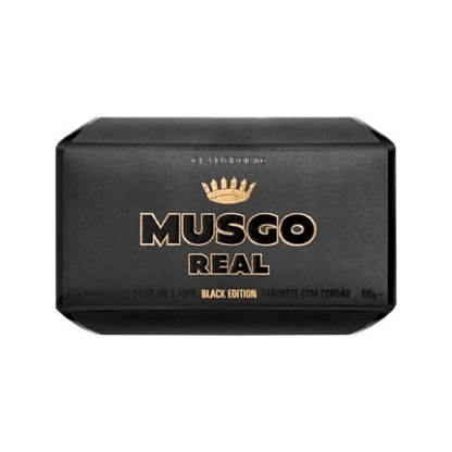 Musgo Real Black Edition soap on a rope, 6.7 oz bar soap by Pasteur Pharmacy, with black packaging and classic design.