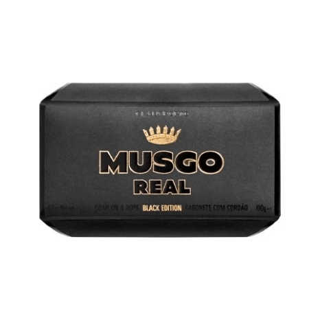 Musgo Real Black Edition soap on a rope, 6.7 oz bar soap by Pasteur Pharmacy, with black packaging and classic design.