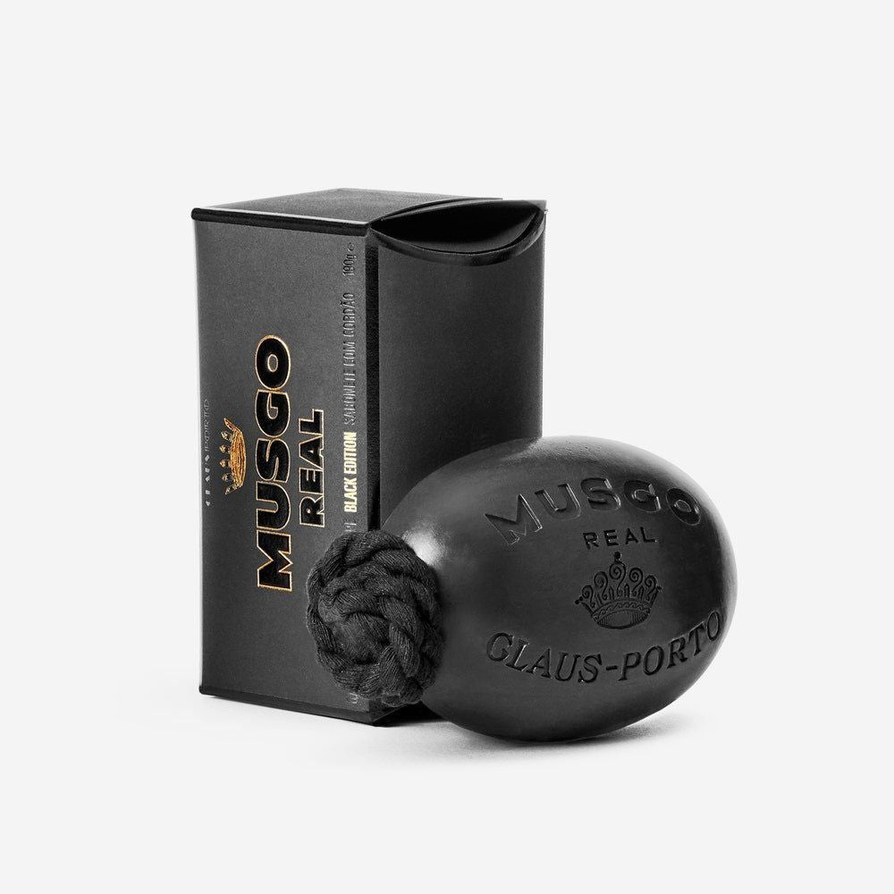 Musgo Real Black Edition soap on a rope by Pasteur Pharmacy, 6.7 oz bar soap with a sleek black design.