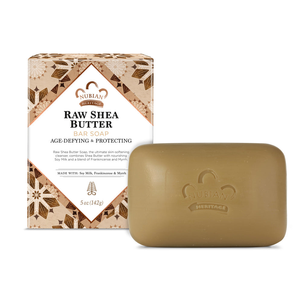 Bar soap by Nubian Heritage with Raw Shea Butter and Myrrh, 5 oz, natural moisturizing skincare product.