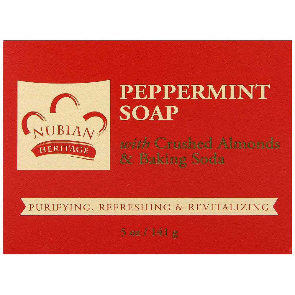 Nubian Heritage Peppermint & Aloe Bar Soap in a 5 oz bar, natural skincare product with mint and aloe ingredients.