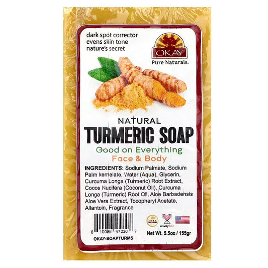 OKAY Natural Turmeric Soap Bar by Pasteur Pharmacy, 5.5 oz, showing the soap's textured surface and natural turmeric color.