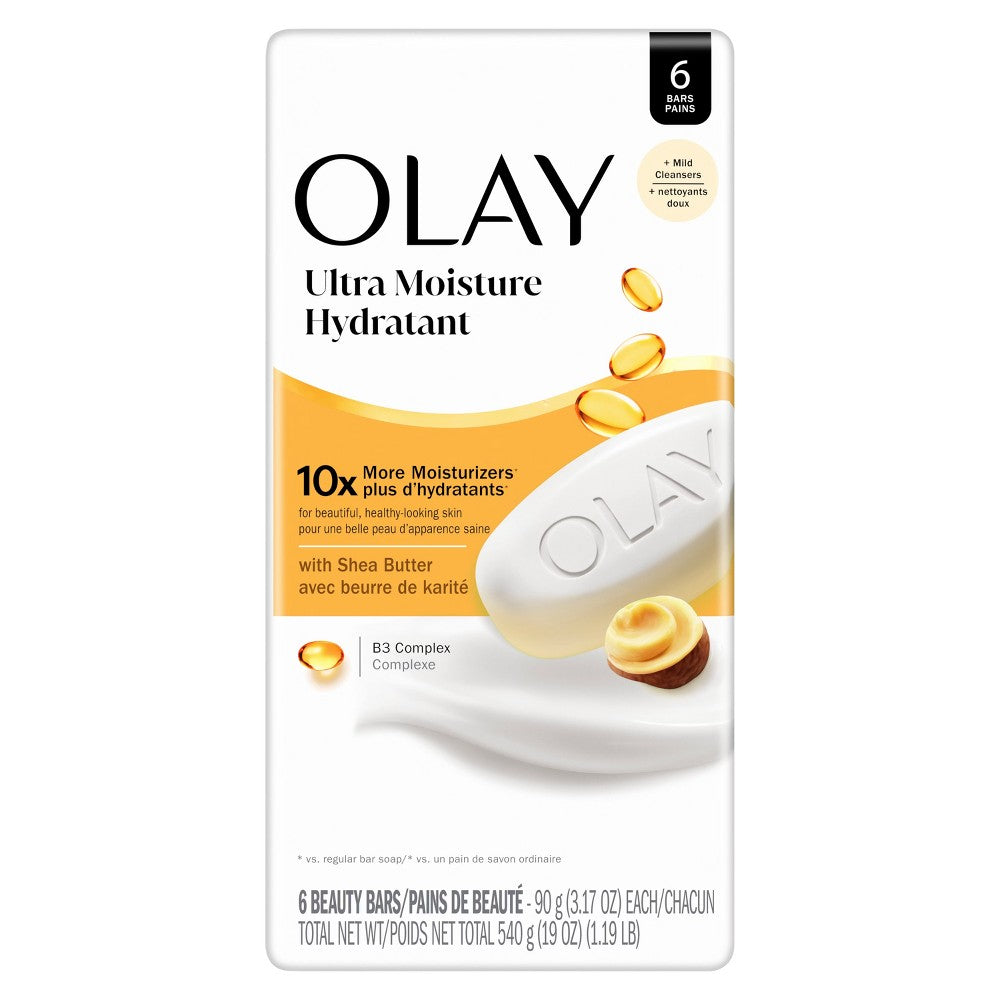 Olay Ultra Moisture Beauty Bar with Shea Butter soap bar by Pasteur Pharmacy, shown in various pack sizes for deep hydration and skin softness.