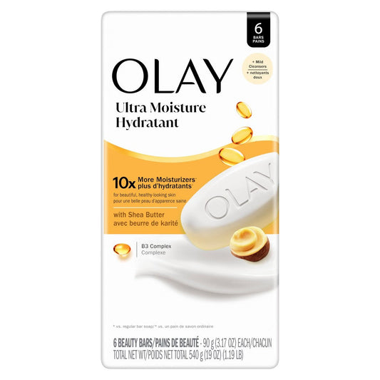 Olay Ultra Moisture Beauty Bar with Shea Butter soap bar by Pasteur Pharmacy, shown in various pack sizes for deep hydration and skin softness.