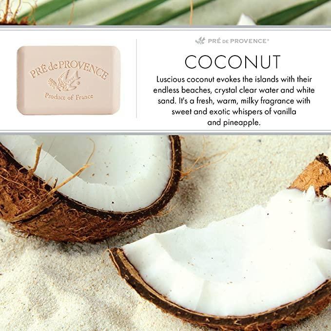 Pasteur Pharmacy Pre De Provence coconut and shea butter vegetable soap bar, 150g, with a creamy, nourishing appearance.