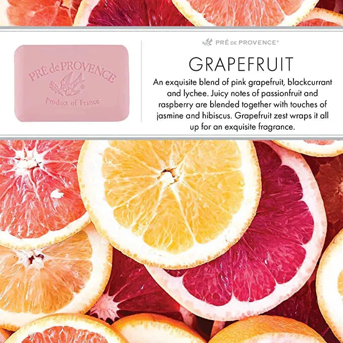 Pre De Provence grapefruit shea butter bar soap by Pasteur Pharmacy, enriched vegetable soap with citrus scent, 150g.