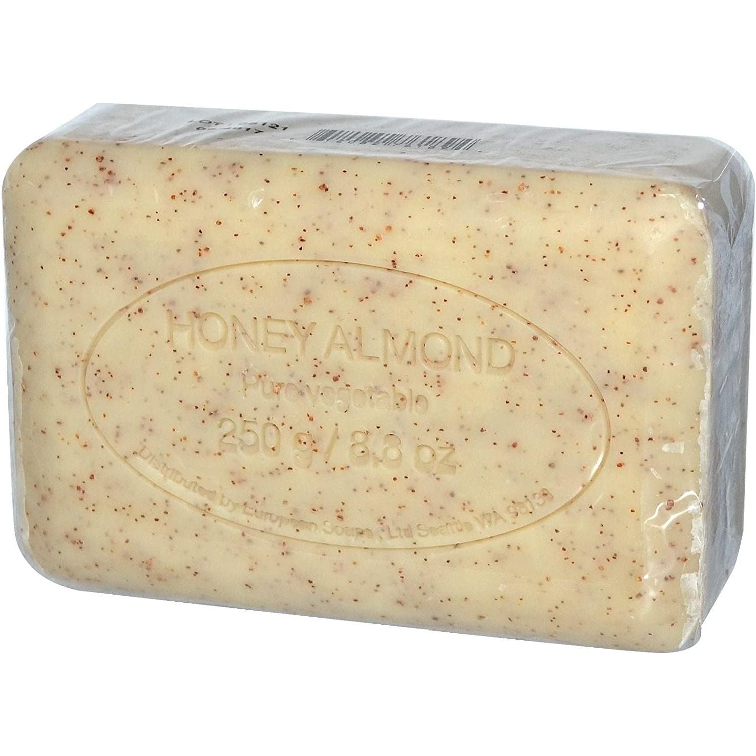 Bar soap with honey, almond, and shea butter from Pre De Provence, enriched vegetable soap in 250g packaging.