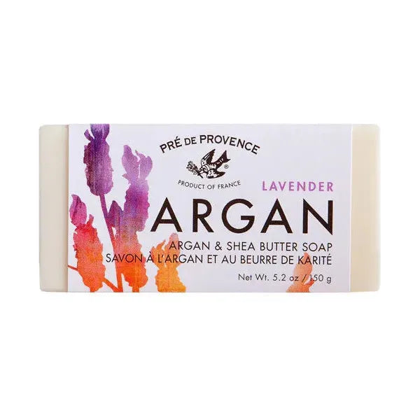 Pre De Provence lavender, argan, and shea butter bar soap by Pasteur Pharmacy, showing a rectangular soap with lavender and shea butter ingredients