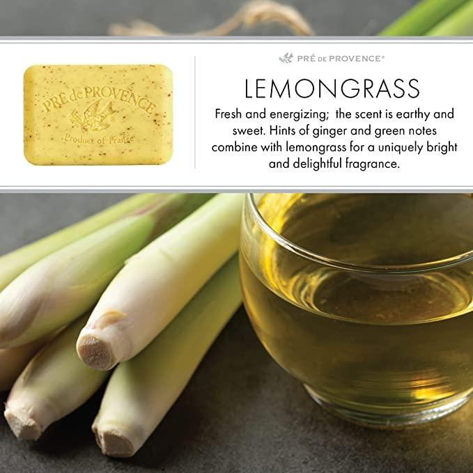 Pre De Provence Lemongrass Shea Butter Vegetable Soap bar, 150g, enriched with natural ingredients, featuring fresh lemongrass scent.
