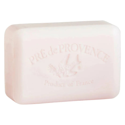 Pre De Provence Lily of the Valley Shea Butter travel-sized bar soap by Pasteur Pharmacy, 25g, with floral and creamy soap texture.