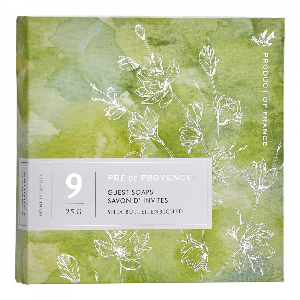 Set of nine green Pre de Provence luxury guest bar soaps by Pasteur Pharmacy, featuring elegant packaging and natural scents.