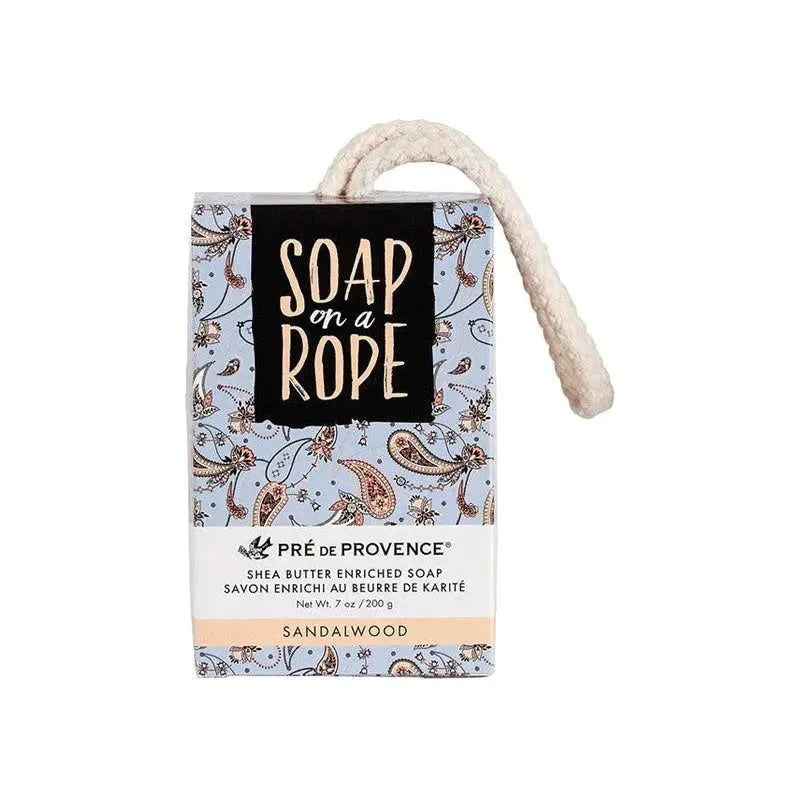 Pre De Provence Sandalwood Bar Soap on a Rope, 7 oz, with elegant packaging and natural sandalwood scent.