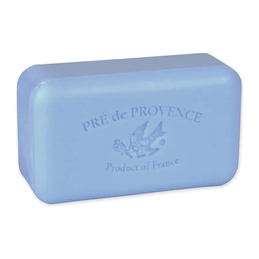 Bar soap with starflower and shea butter from Pre De Provence, showcasing a creamy, vegetable-based soap bar in a natural setting.