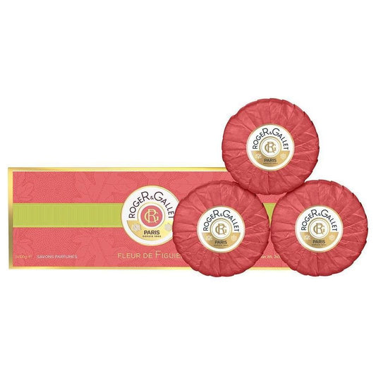 Roger & Gallet Fleur de Figuier soap coffret with three 100g bar soaps, featuring floral and fig leaf design.