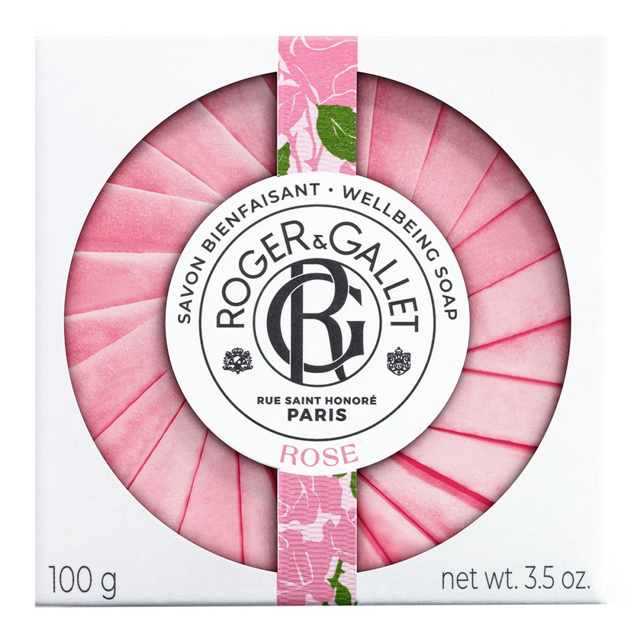 Roger & Gallet Rose Wellbeing Soap bar, natural floral scent, pink soap with rose design, ideal for gentle cleansing and soothing skin.