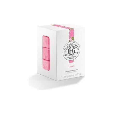 Set of three Roger & Gallet Rose Wellbeing soap bars, 3.5 oz each, natural floral scent in a gift box.