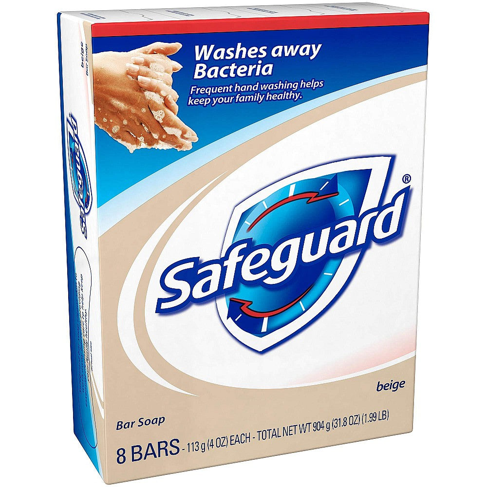 Eight beige Safeguard antibacterial bar soaps from Pasteur Pharmacy, 4 oz each, featuring a clean scent and rectangular shape.