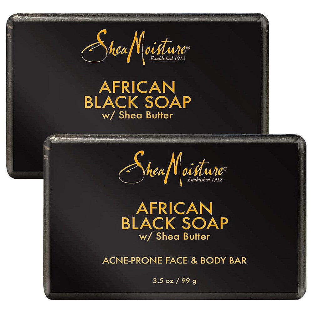 Shea Moisture African Black Bar Soap in a 3.5 oz bar, natural skincare product with a dark black appearance.