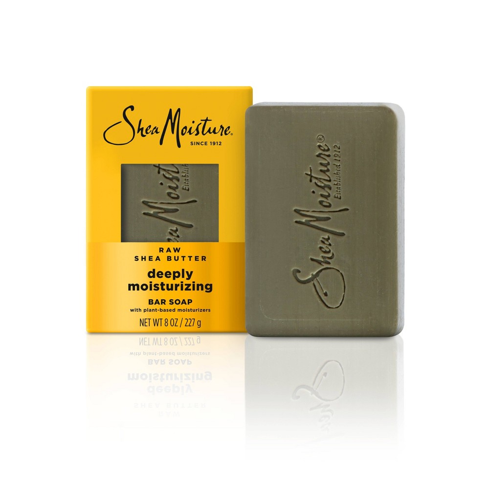 Shea Moisture Deeply Moisturizing Bar Soap, 8 oz, natural skincare product with a creamy soap bar and Shea butter ingredients.