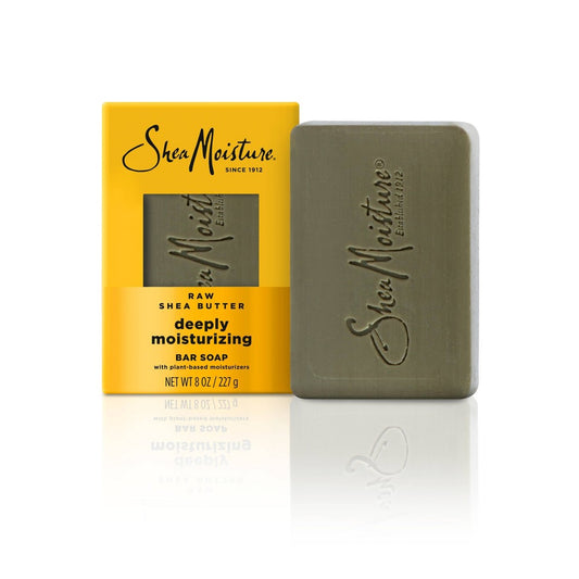 Shea Moisture Deeply Moisturizing Bar Soap, 8 oz, natural skincare product with a creamy soap bar and Shea butter ingredients.