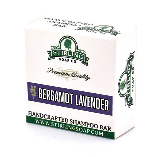 Stirling Soap Co. Bergamot Lavender Shampoo Bar 3.8 oz, natural bar soap with bergamot and lavender scent, used for hair and body.