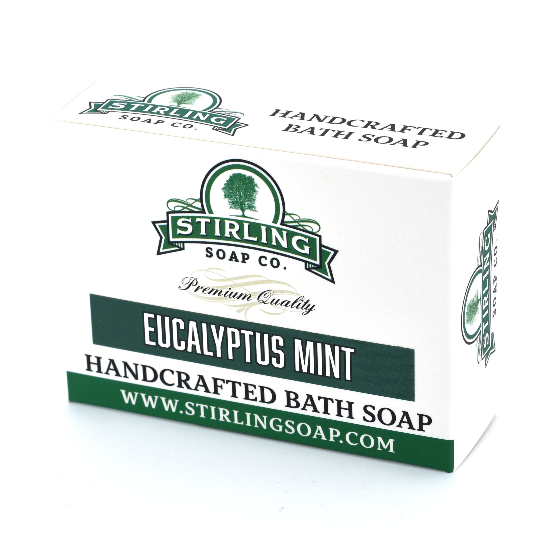 Eucalyptus Mint Bath Soap by Stirling Soap Co. in 5.5 oz bar, with fresh eucalyptus and mint scent, displayed on a wooden surface.