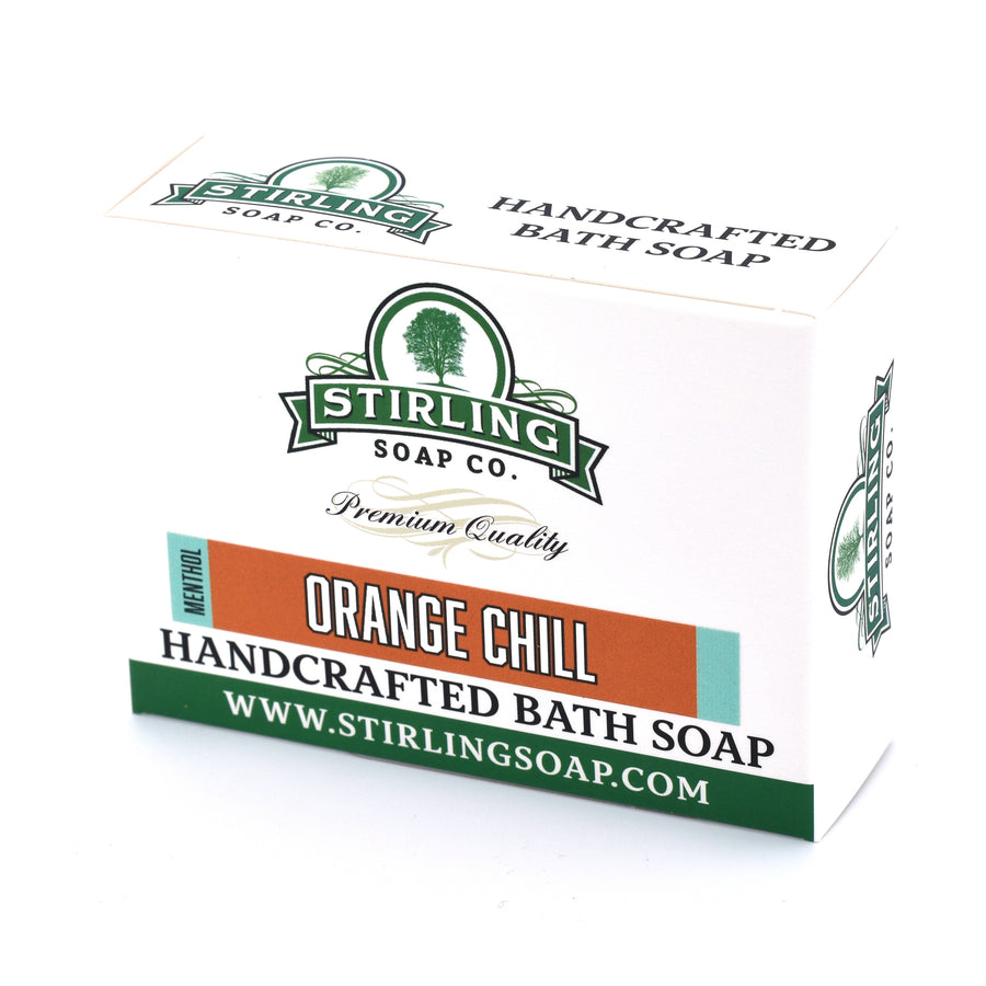 Bar soap from Stirling Soap Co., Orange Chill scent, 5.5 oz, featuring orange and citrus ingredients in a rectangular soap bar.