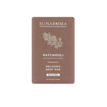 Pasteur Pharmacy Sunaroma Patchouli Oil relaxing body bar soap, 8 oz, with a natural soap bar featuring patchouli scent and ingredients.