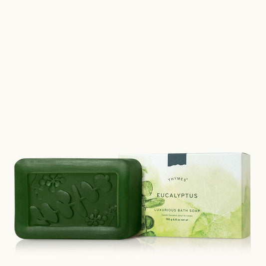 Pasteur Pharmacy The Thymes Limited Eucalyptus Bar Soap, natural herbal soap with eucalyptus scent, shown in a rectangular bar shape.