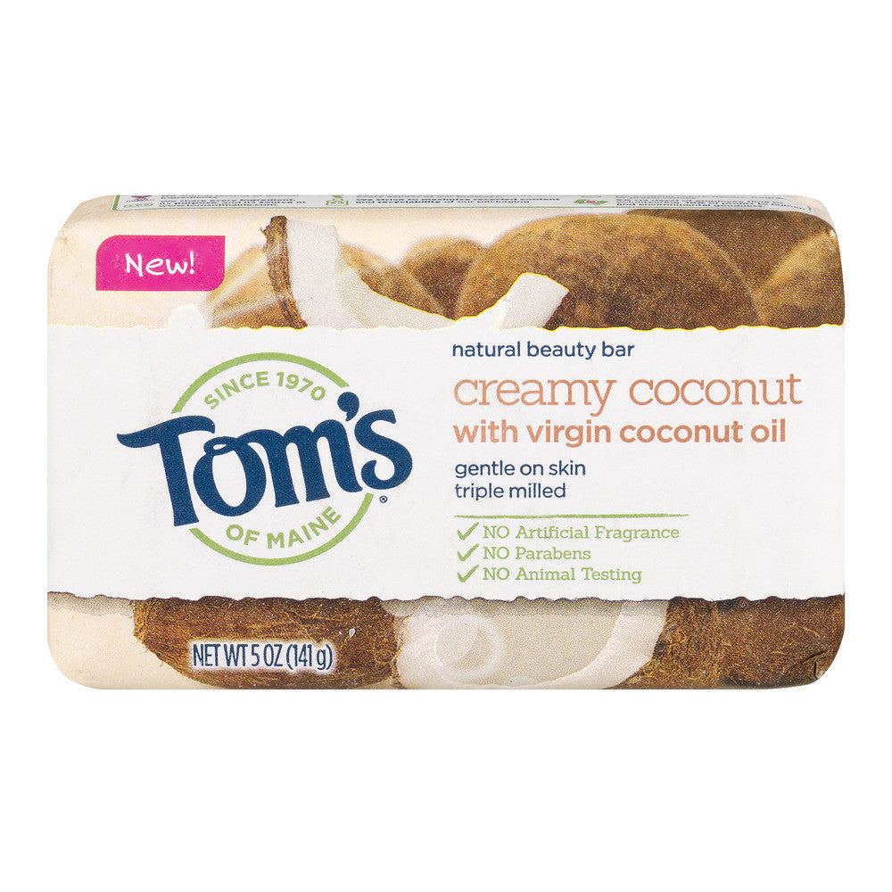 Tom's of Maine Natural Beauty Bar Soap in creamy coconut scent, 5 oz, displayed with soap lather and coconut imagery