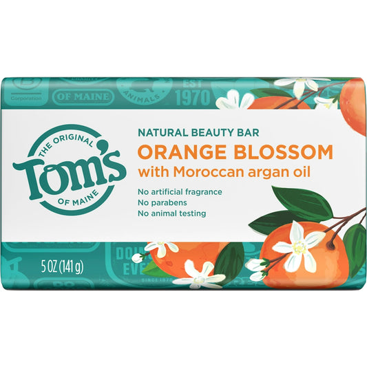 Tom's of Maine Natural Beauty Bar Soap with Orange Blossom, 5 oz, showcasing the soap's vibrant orange scent and natural ingredients.