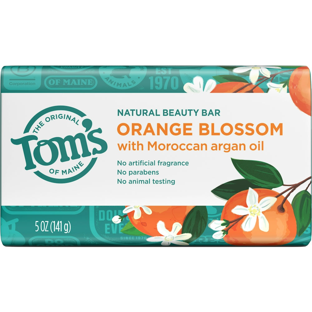 Tom's of Maine Natural Beauty Bar Soap with Orange Blossom, 5 oz, showing the soap bar with orange blossom scent.