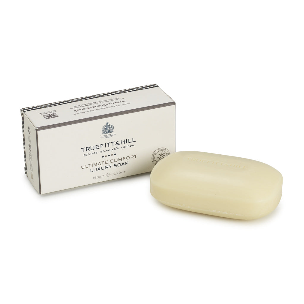 Truefitt & Hill Ultimate Comfort luxury bar soap, 150g, with rich lather and elegant packaging visible in the image.