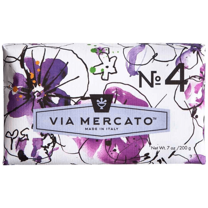 Pasteur Pharmacy Via Mercato Nro. 4 soap bar with violets, magnolia, and amber scents in a 7oz package.