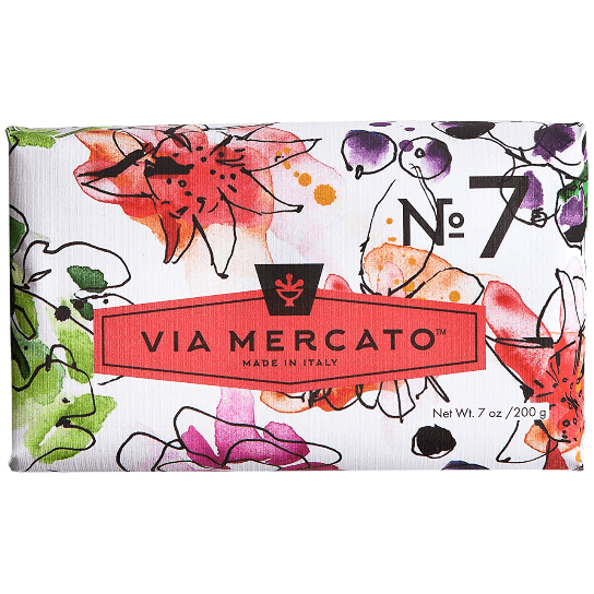 Pasteur Pharmacy Via Mercato Nro. 7 soap bar with peach, fig blossom, and rose scent, 7oz, featuring floral and fruity elements.