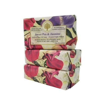 Bar soap by Wavertree & London with Sweet Pea and Jasmine scent, featuring a 7 oz Pasteur Pharmacy packaging.