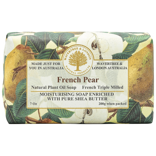 Bar soap with French pear scent from Wavetree & London, 200g, by Pasteur Pharmacy, shown in its packaging.