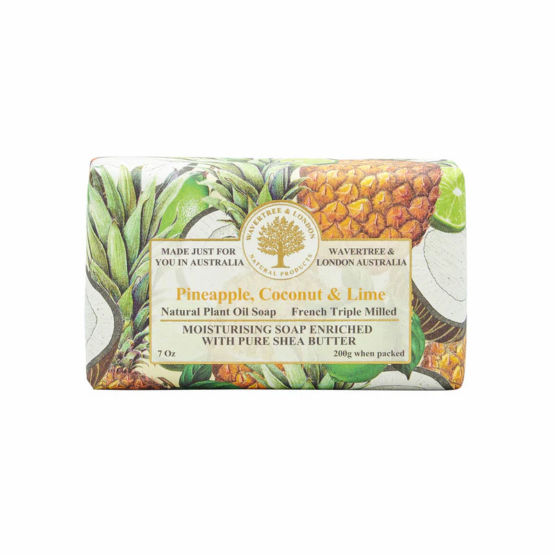 Pasteur Pharmacy Wavetree & London Pineapple Coconut Lime French triple milled bar soap, 7oz, with fresh fruit scent and elegant packaging.