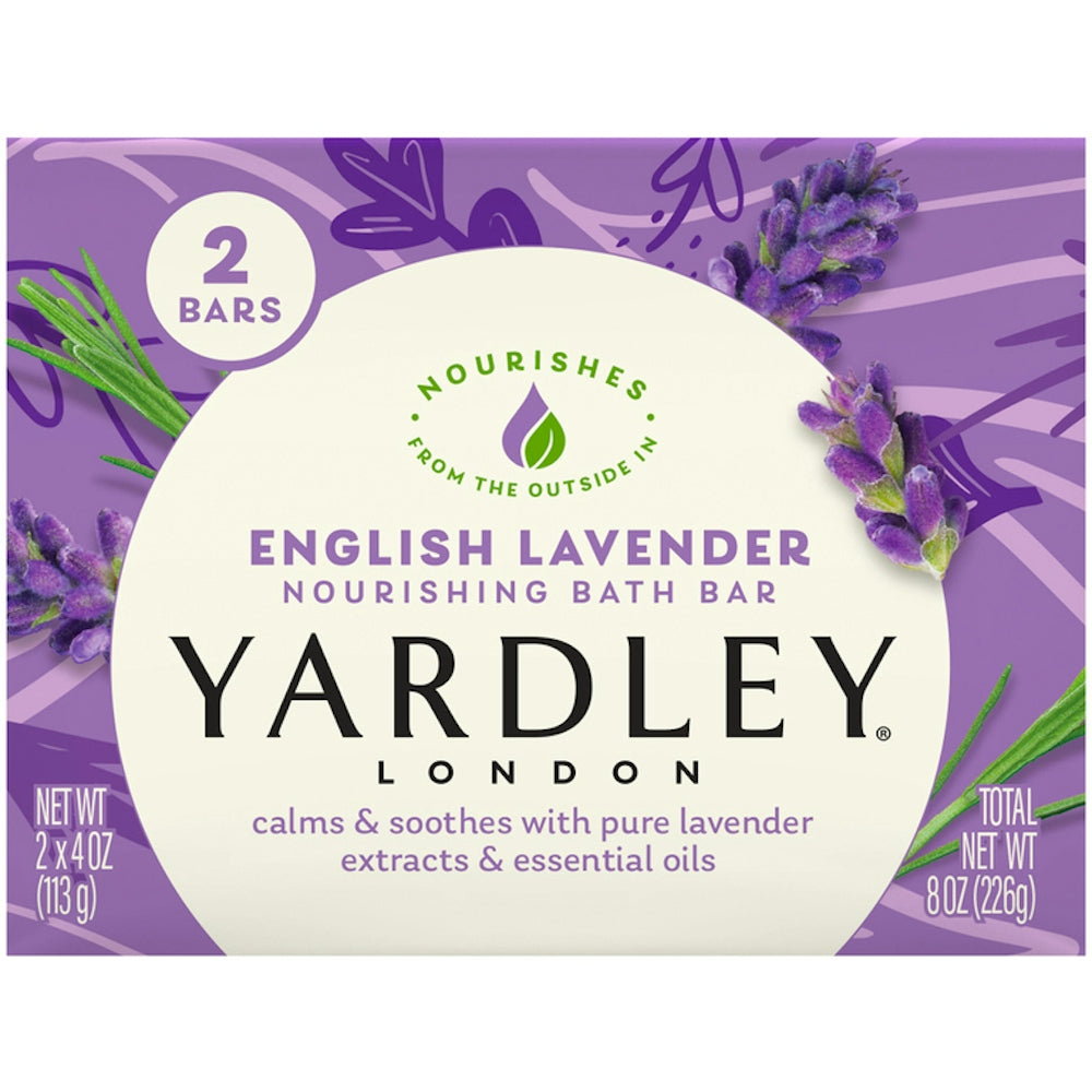 Yardley London English Lavender Bar Soap 2x4.25 oz, natural lavender-scented soap with floral packaging and classic design.
