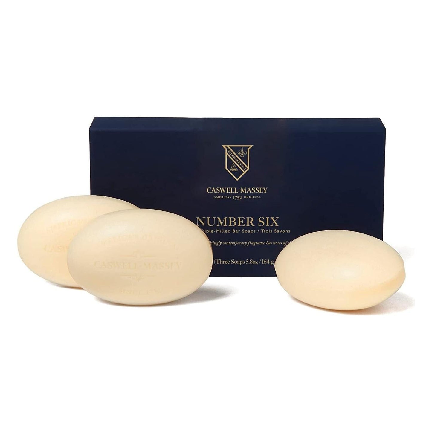 Set of three Caswell Massey Heritage triple-milled bar soaps in 5.8oz sizes, featuring elegant packaging and classic soap designs.