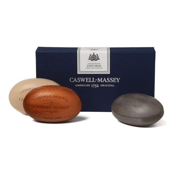 Set of three Caswell Massey Heritage triple-milled bar soaps in 5.8oz collection, featuring elegant packaging and natural soap textures.