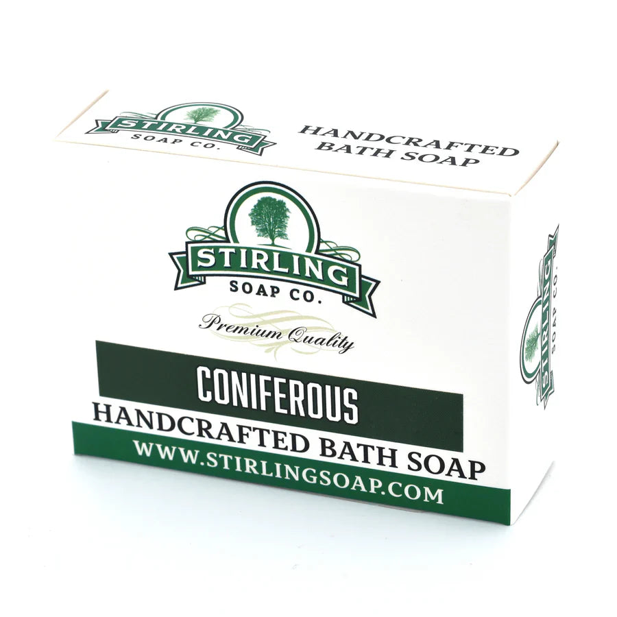 Pasteur Pharmacy Stirling Soap Co. bath soap bar featuring a spicy scent, 5.5 oz collection, with a textured soap surface.