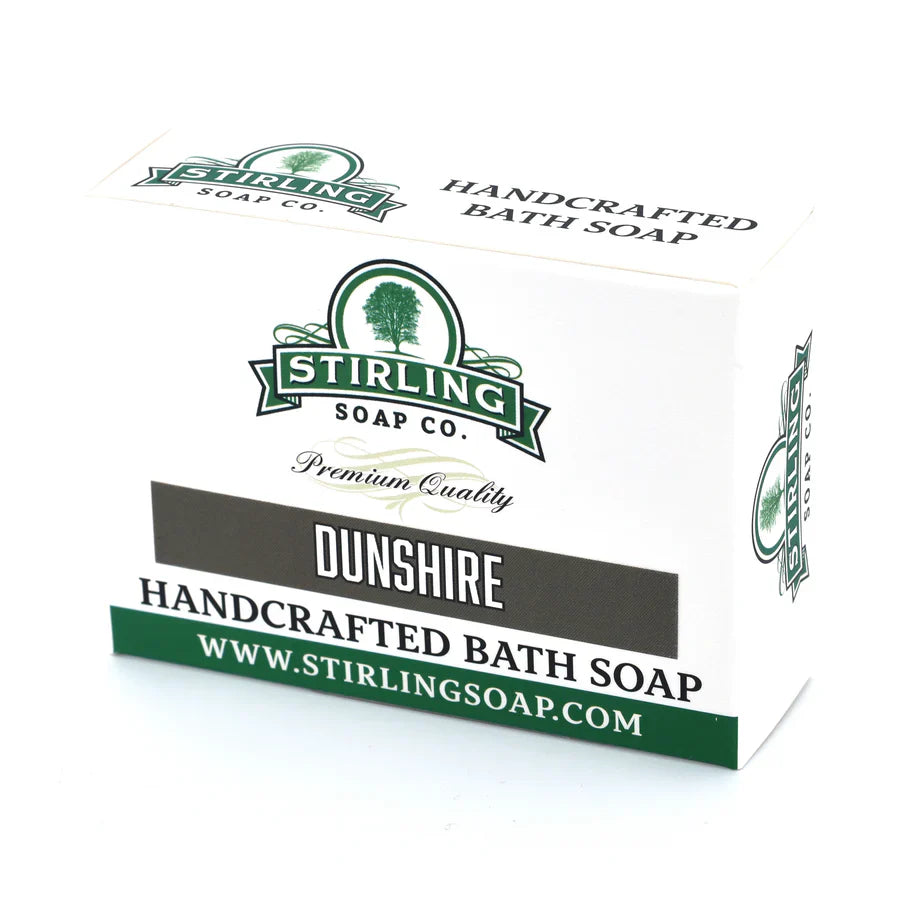 Pasteur Pharmacy Stirling Soap Co. bath soap bar in spice scent, 5.5 oz, with a textured soap surface and packaging details visible.