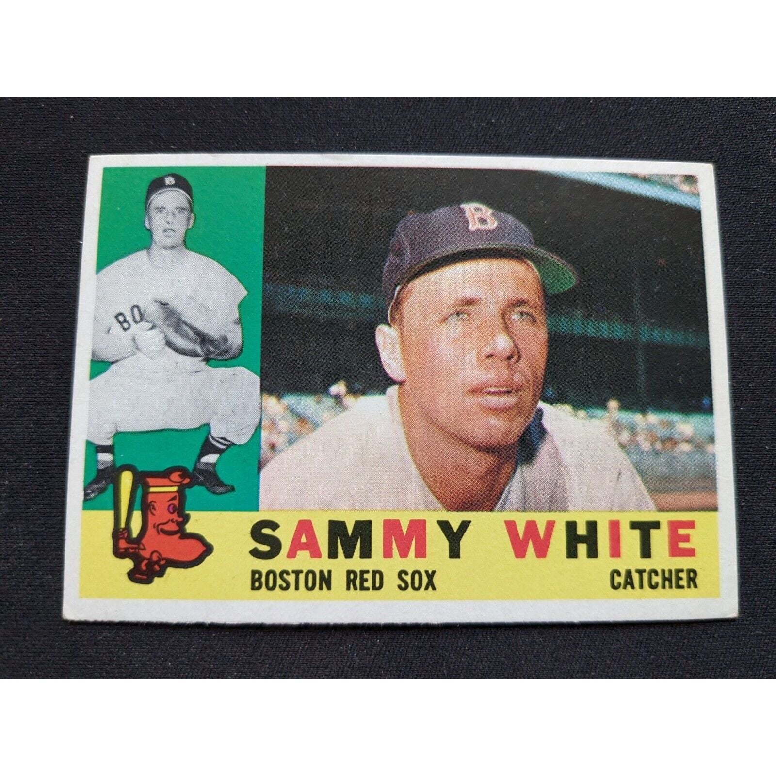 1960 Topps Baseball Card #203 Sammy White Boston Red Sox baseball card with player portrait and team logo.