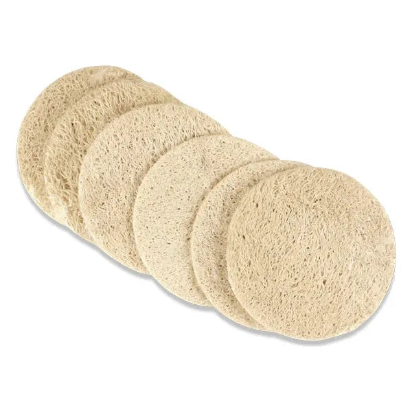 Six-pack of Pasteur Pharmacy Touch Me Loofah Disks for exfoliating and gentle cleansing in bath or shower.