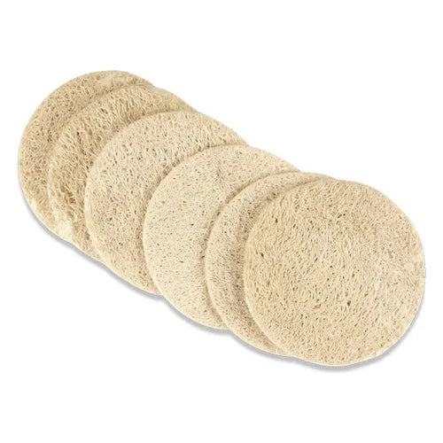 Six-pack of Pasteur Pharmacy Touch Me Loofah Disks for exfoliating and gentle cleansing in bath or shower.