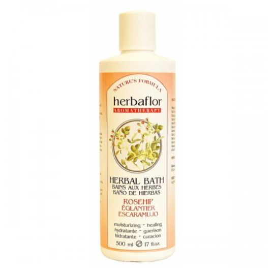 Herbaflor Rosehip Herbal Bath additive in 17 oz bottle, natural herbal bath product by Pasteur Pharmacy with rosehip ingredients.